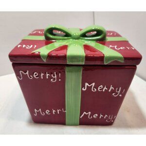 Real Home Merry Christmas Gift Shaped Ceramic Cookie Jar Red with Green Bow